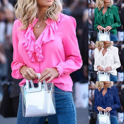 Spring/summer Color Ruffles V-neck Pullover Chiffon Blouse