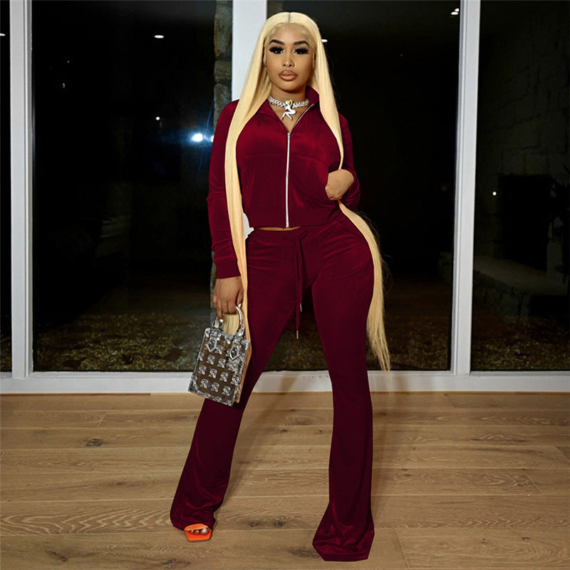 Autumn Europe ’s Velvet Zipper Cardigan & Straight Leg Trousers Set