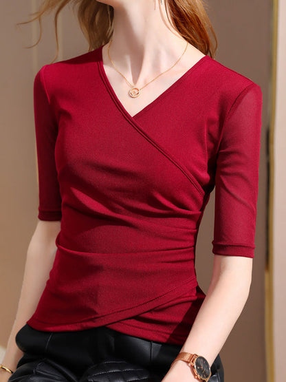 Half Sleeves Asymmetric Pleated Color Split-joint V-neck T-shirts Tops