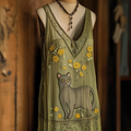 Vintage Floral Pop Art Cat Blended Women's Dress artswardrobe