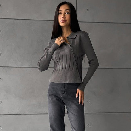 Taruxy White Knitted Cardigan Ribbing Turn Collar Zipper Slim Sweater Femme Autumn Winter Knitwear Cardigans Woman