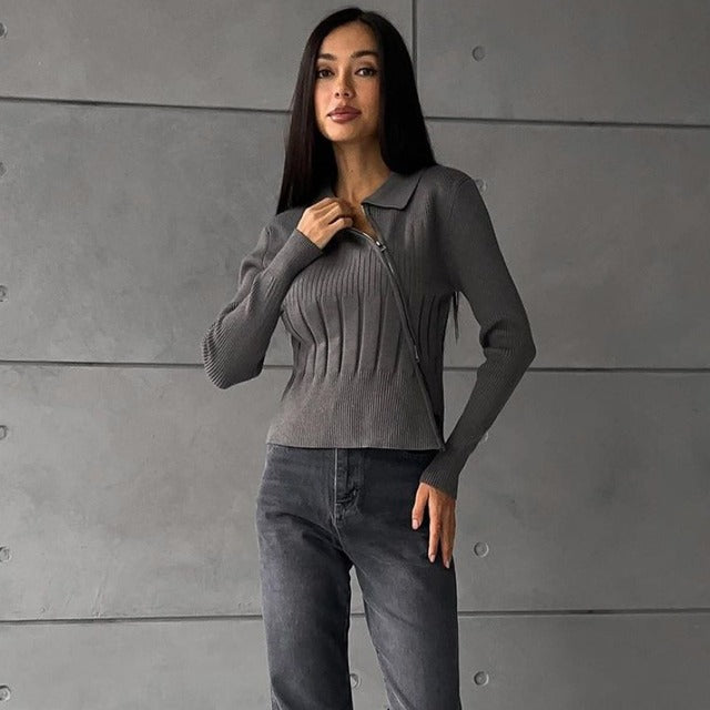 Taruxy White Knitted Cardigan Ribbing Turn Collar Zipper Slim Sweater Femme Autumn Winter Knitwear Cardigans Woman