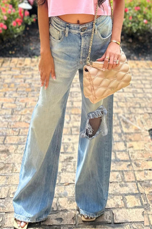Color Ripped High Waist Straight Denim Jeans