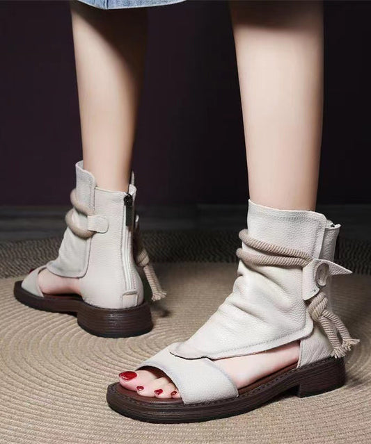 Handmade Beige Splicing Cowhide Leather Chunky Sandals Boots Oi039