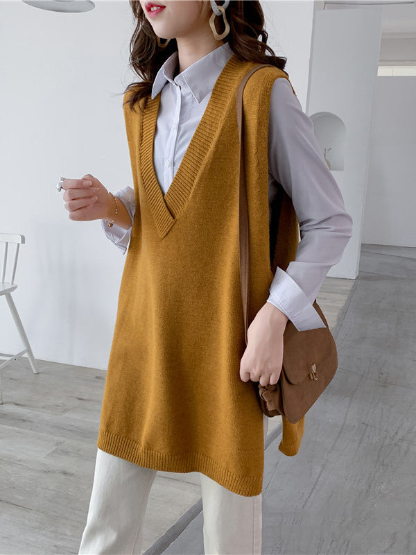 Sleeveless Split-side Color V-neck Knitted Vest