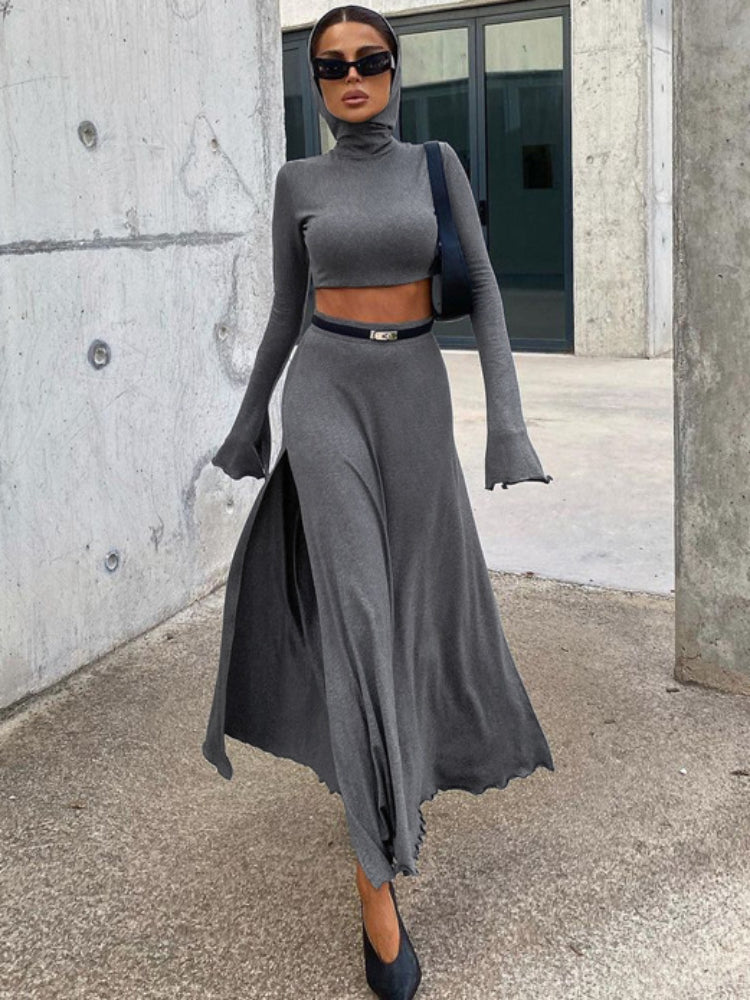 Taruxy Loose Side Slit Skirt Two Piece Sets Outfits Dress Sets Short Long Sleeve Hoodies and Skirts Suit Femme