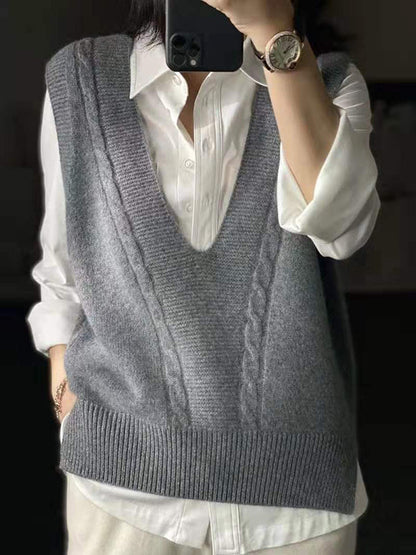 Loose Knitting Sleeveless Color V-neck Vest Top