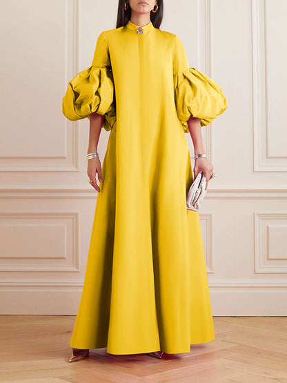 Loose Flower Shape Color Stand Collar Lantern Sleeves Maxi Dresses