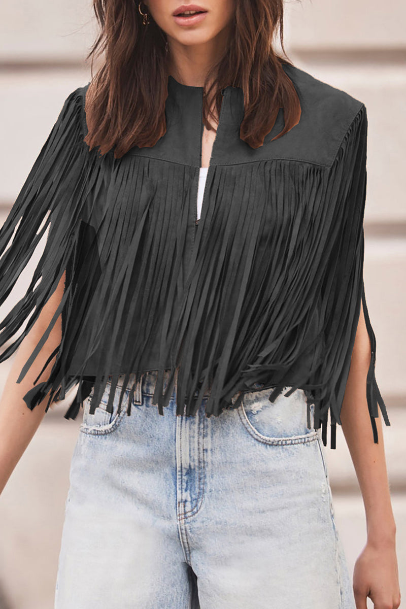 Street Color Fringed Trim O Neck Waistcoats