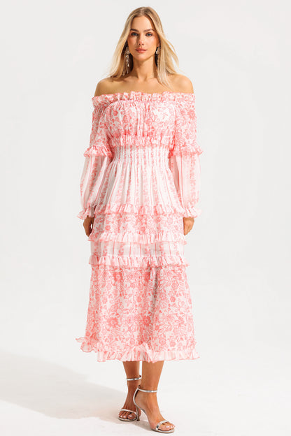 Print Frill Off-shoulder Midi Dress