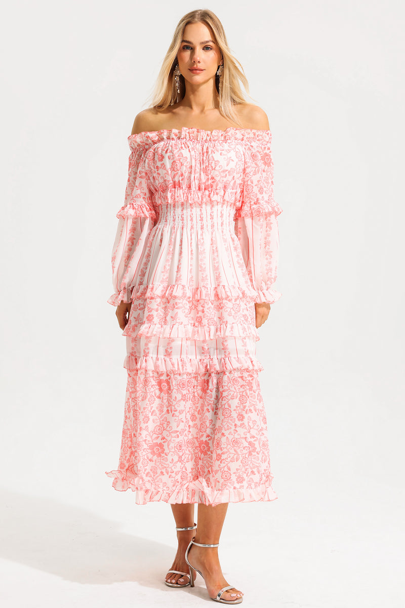 Print Frill Off-shoulder Midi Dress