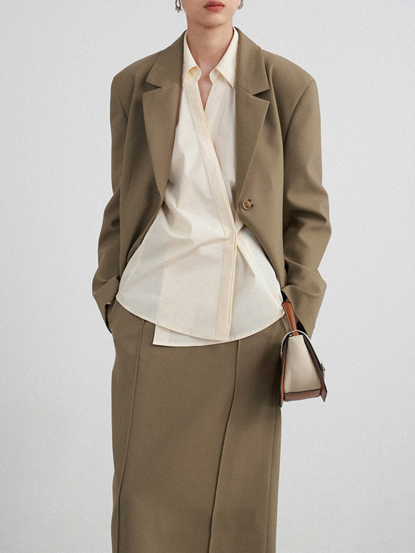 Loose Buttoned Color Long Sleeves Lapel Blouses&shirts Tops + Skirts Bottom + Notched Collar Blazer Outerwear Three Pieces Set