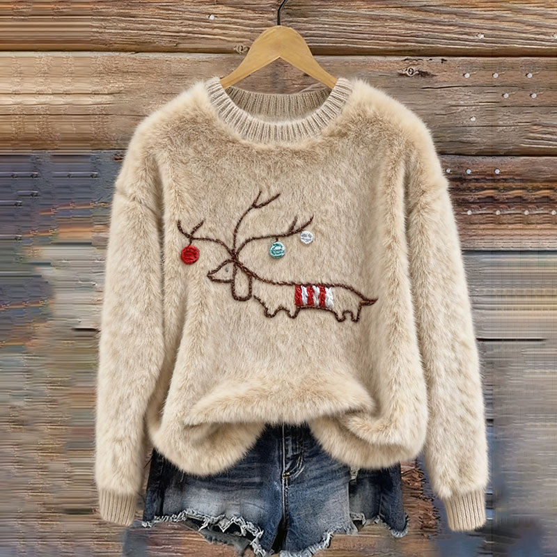 Women's Christmas Dachshund Embroidered Cozy Crew Neck Plush Sweatshirt