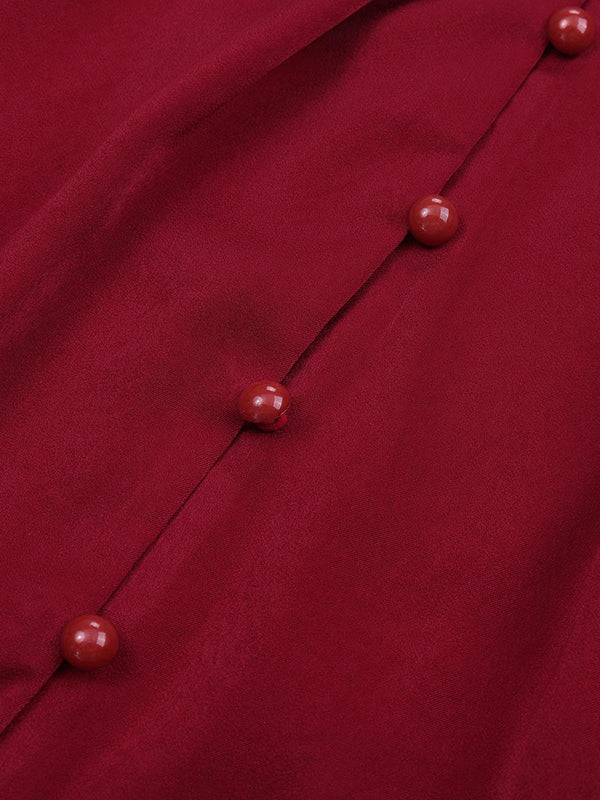 Loose Puff Sleeves Pleated Color Split-joint Stand Collar Blouses