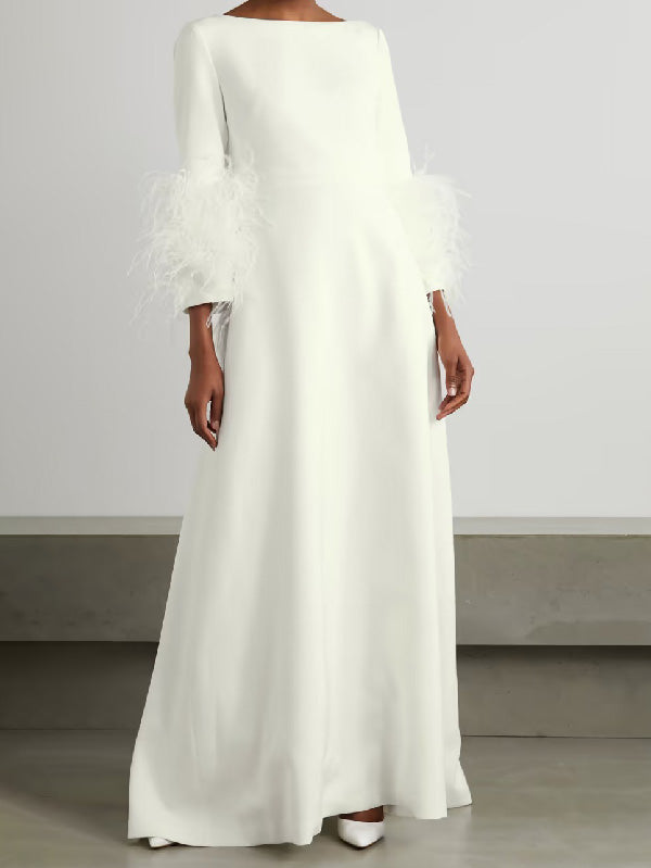 Simple Black and White Feather Long Sleeve Party Dress