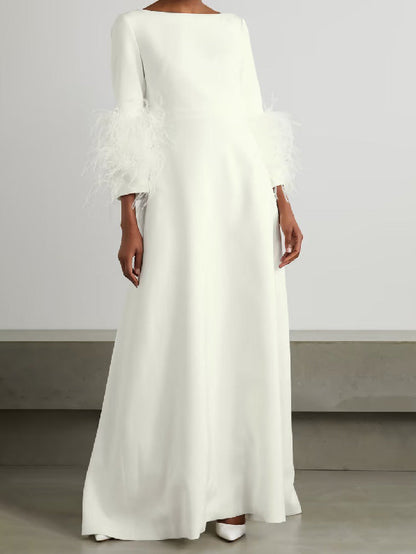 Simple Black and White Feather Long Sleeve Party Dress