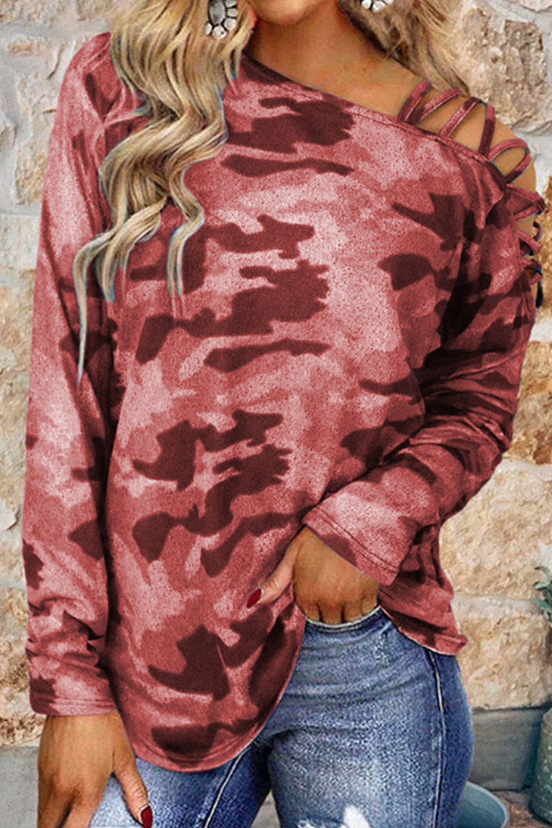 Camouflage Print Patchwork Oblique Collar T-shirts(4 Colors)