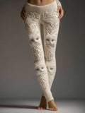 Comstylish Cute Fuzzy Cats Embroidered Cozy Knit Leggings