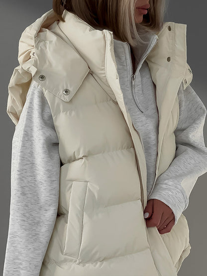 Loose Sleeveless Drawstring Split-joint Zipper Hooded Padded Vest