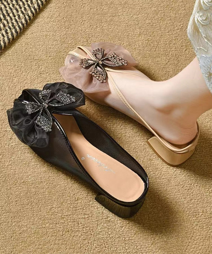 Splicing Chunky Black Tulle Bow Slide Sandals Aa007