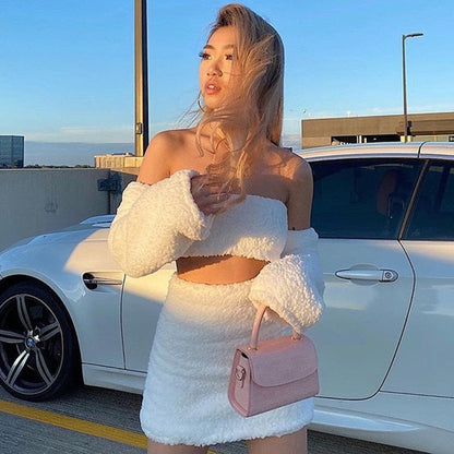 Autumn Winter Double Sided Plush Tank Top Hollow Out Cutout Cropped Skirt Set