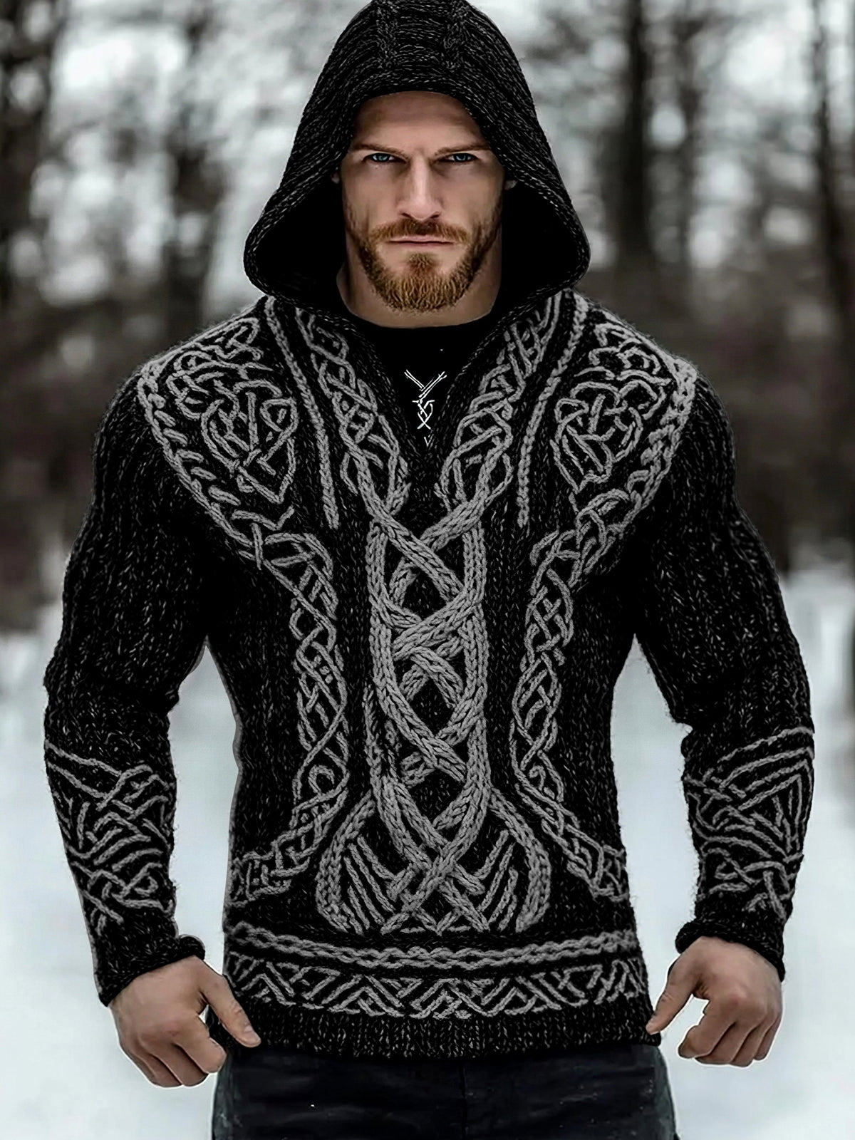 Men's Viking Tribal Jacquard Inspired Celtic Hooded Sweater elevenforest