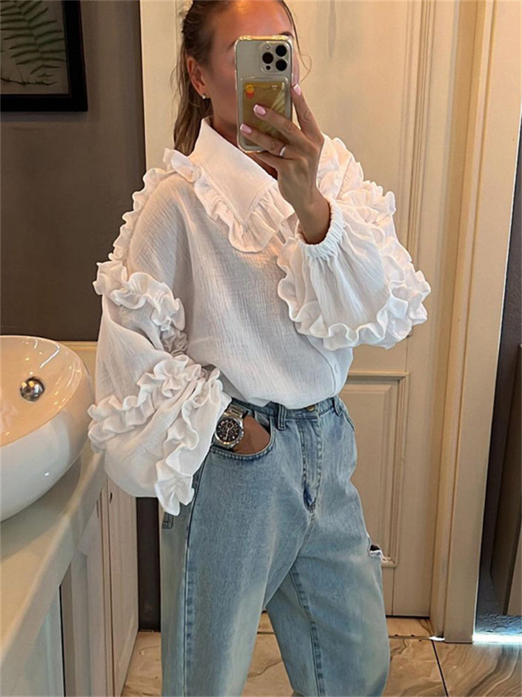 Tossy White Ruffled Shirts for Patchwork Cardigan Lapel Long Sleeve Outwear Slim Shirts New