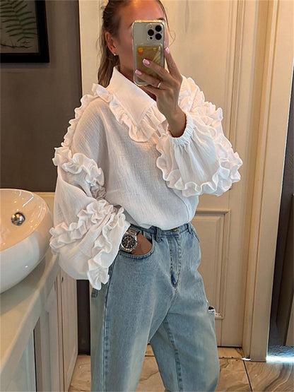 Tossy White Ruffled Shirts for Patchwork Cardigan Lapel Long Sleeve Outwear Slim Shirts New