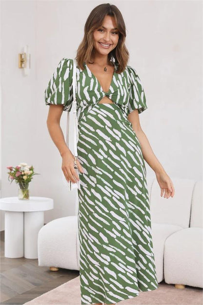 Print Puff Sleeve V-neck Cut-out Slit Midi Dress
