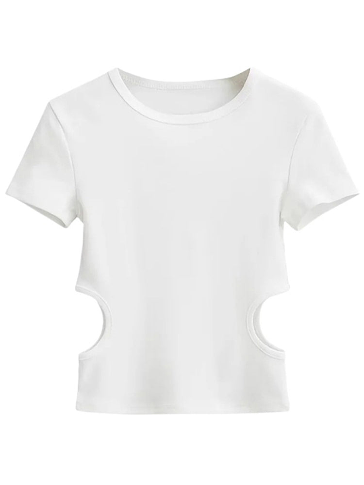 Side Waist Off Short Top ’s Round Neck Slim Fit Versatile Color Short Sleeve T-shirt Summer