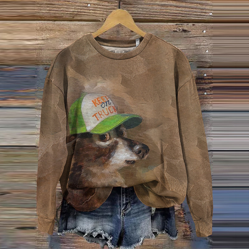 Comstylish Vintage Cute Dog Painting Art Long Sleeve Sweatshirt