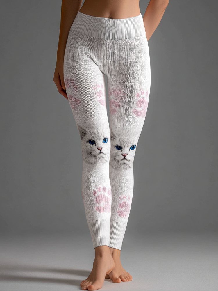 Comstylish Women's Cute Cat Knitted Tight-fitting Leggings