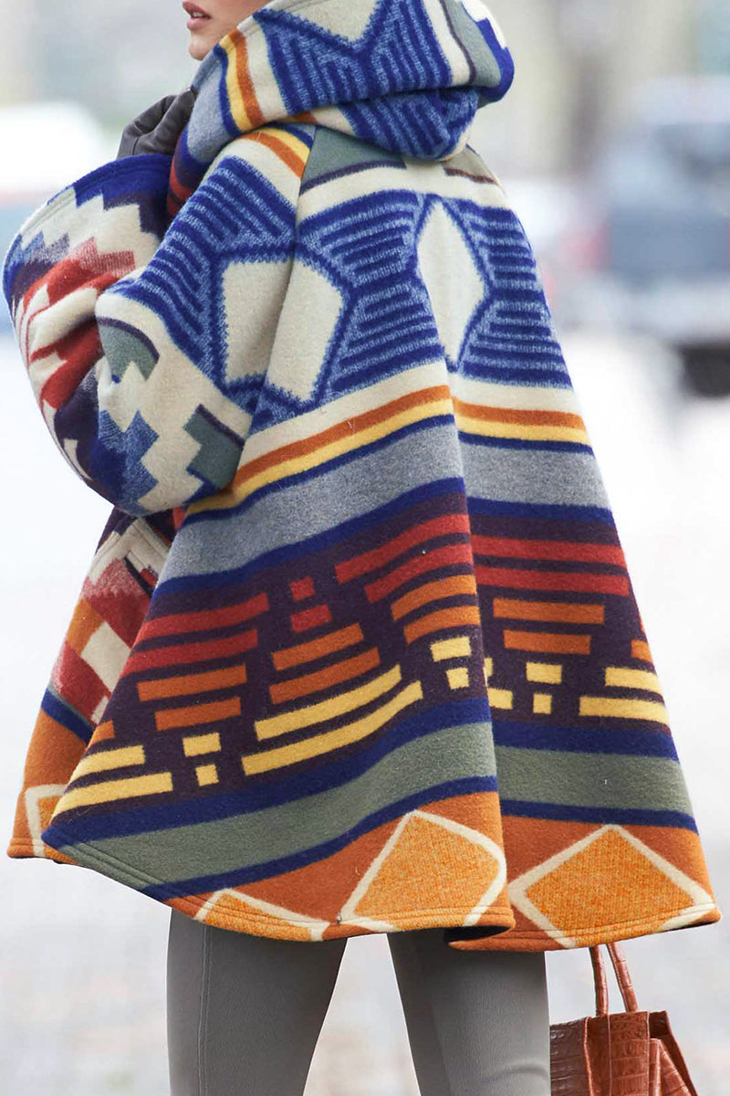 Geometric Print Patchwork Hooded Collar Outerwear