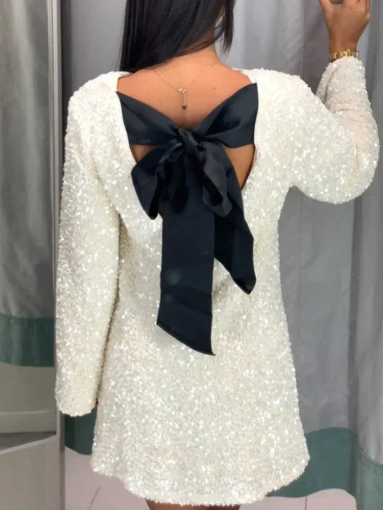 Tossy Tee Bow Backless Sequin Mini Dress Female Glitter Long Sleeve High Street Party Looks Dress Short Dress