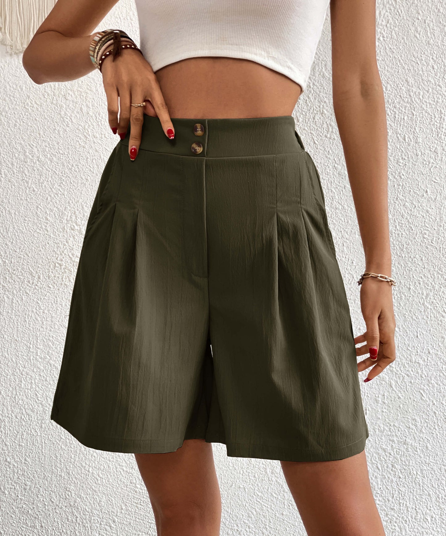 Eden Pocketed High Waist Shorts - Olive