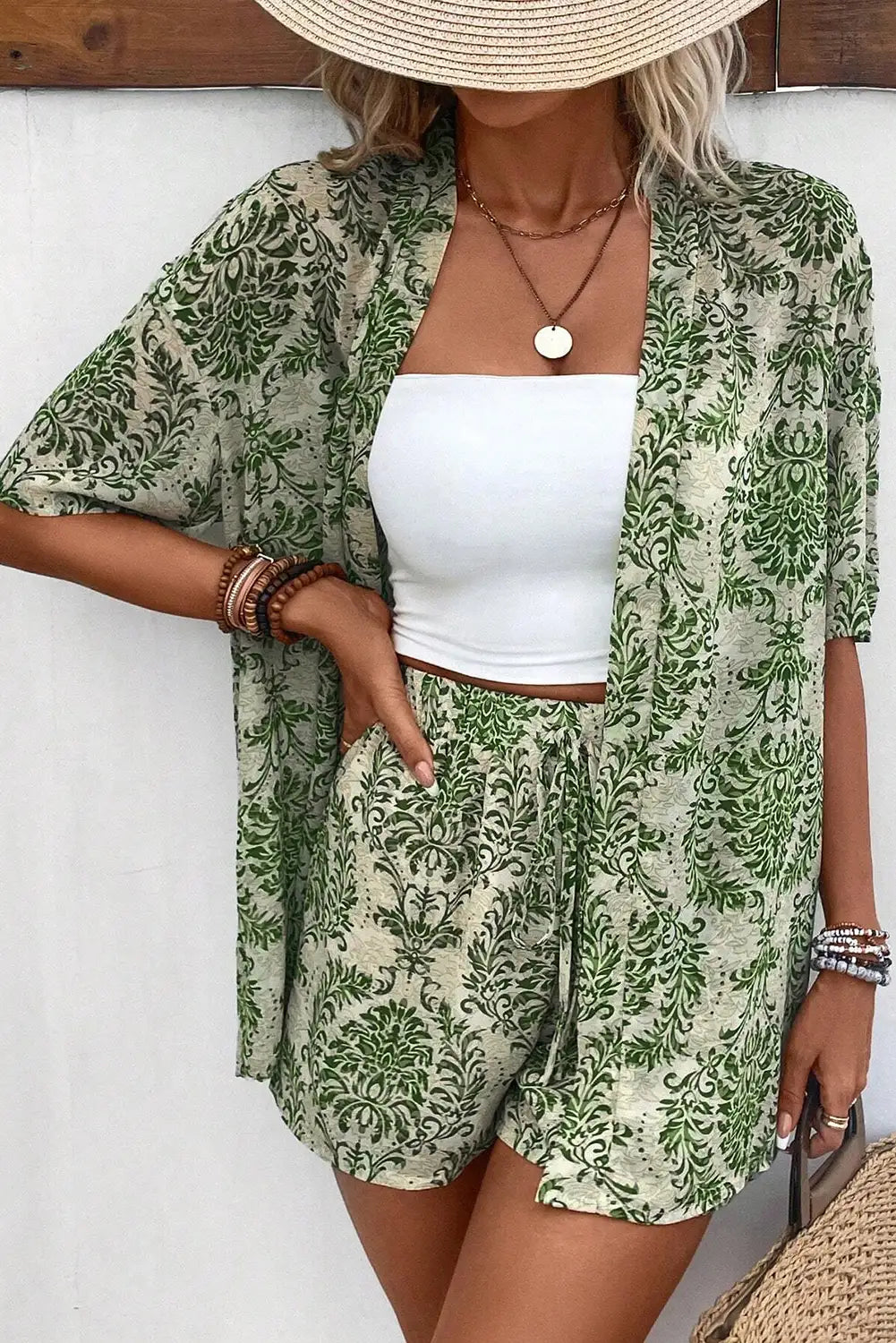 Open Top and Shorts Set Green Outfit