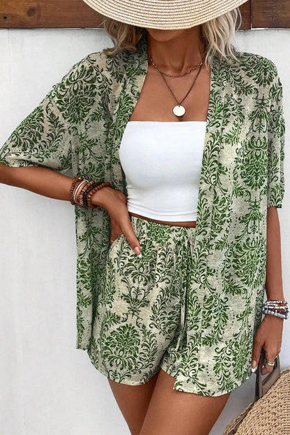 Open Top and Shorts Set Green Outfit