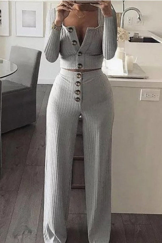 Buttons Vests Pants U Neck Sleeveless Two Pieces(4 Colors)