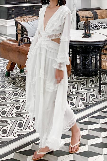 Long Sleeve V-neck Cut-out Backless Lace Up Midi Dress White
