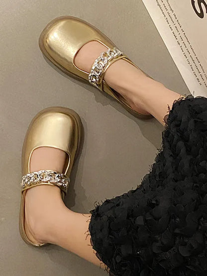 Chains Round-toe Shallow Cut Split-joint Mary Janes Slippers