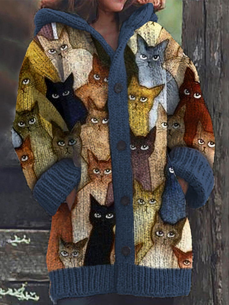Colorful Cats Pattern Cozy Hooded Cardigan artswardrobe