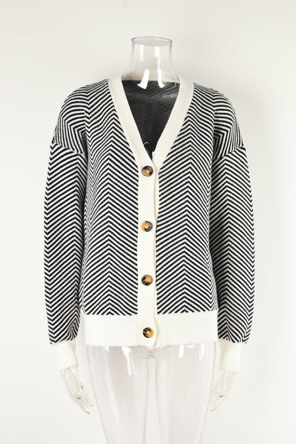 Autumn Winter Cardigan Sweater Color Matching Button Sweater Top V Neck Coat