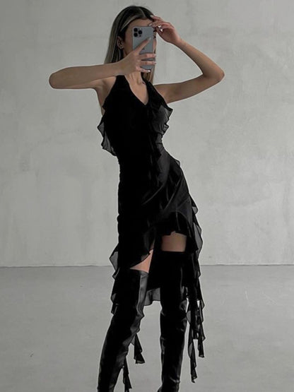 Taruxy Deep V Neck Bodycon Dress Ruffles Drape Asymmetrical High Waist Dresses Beach Holiday Mini Dress