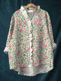 Boho Rose Print Ruffled Linen Shirt artswardrobe