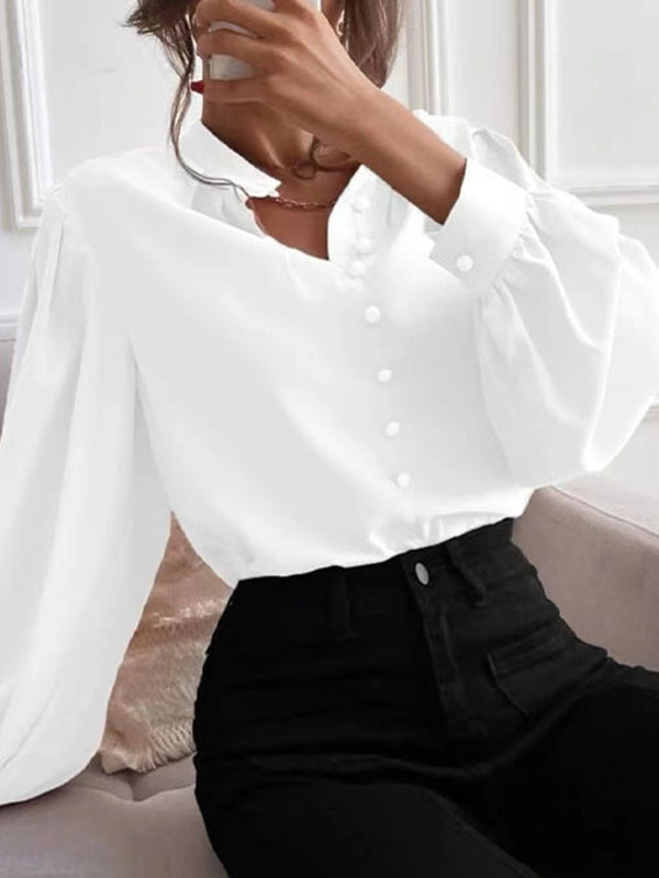 Loose Puff Sleeves Pleated Color Split-joint Stand Collar Blouses