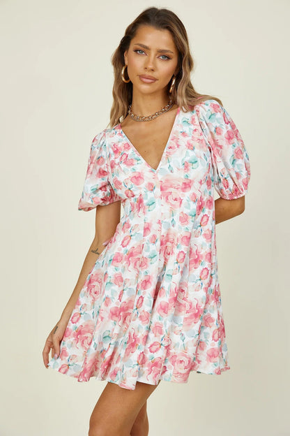 ’s Spring Summer Short Sleeve V-neck Printed Dress – Print Mini Dress