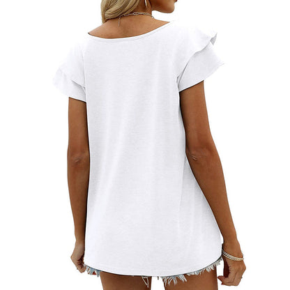 Tunics Double Layer Ruffle Short Sleeve Pullovers V-neck Slim Knit Shirts Loose Ol Commuter Blouse Tops