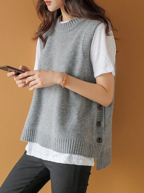 Simple Sleeveless Loose Buttoned Color Round-neck Sweater Vest Outerwear