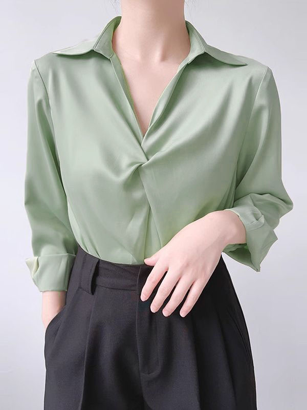 Long Sleeves Loose Knot Color Lapel Blouses&shirts Tops