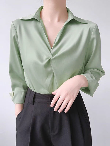 Long Sleeves Loose Knot Color Lapel Blouses&shirts Tops